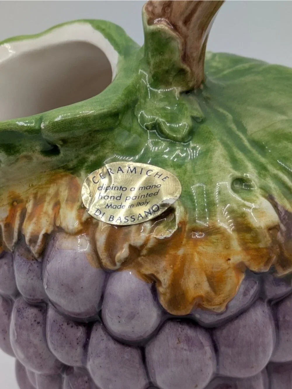 Vintage Di Bassano Grape Pitcher Jug Purple Green Hand Painted Ceramic Italy